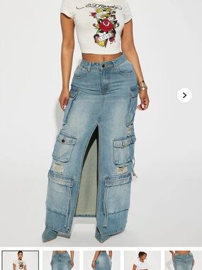 Fashion Nova Light Blue Denim Cargo Maxi Skirt